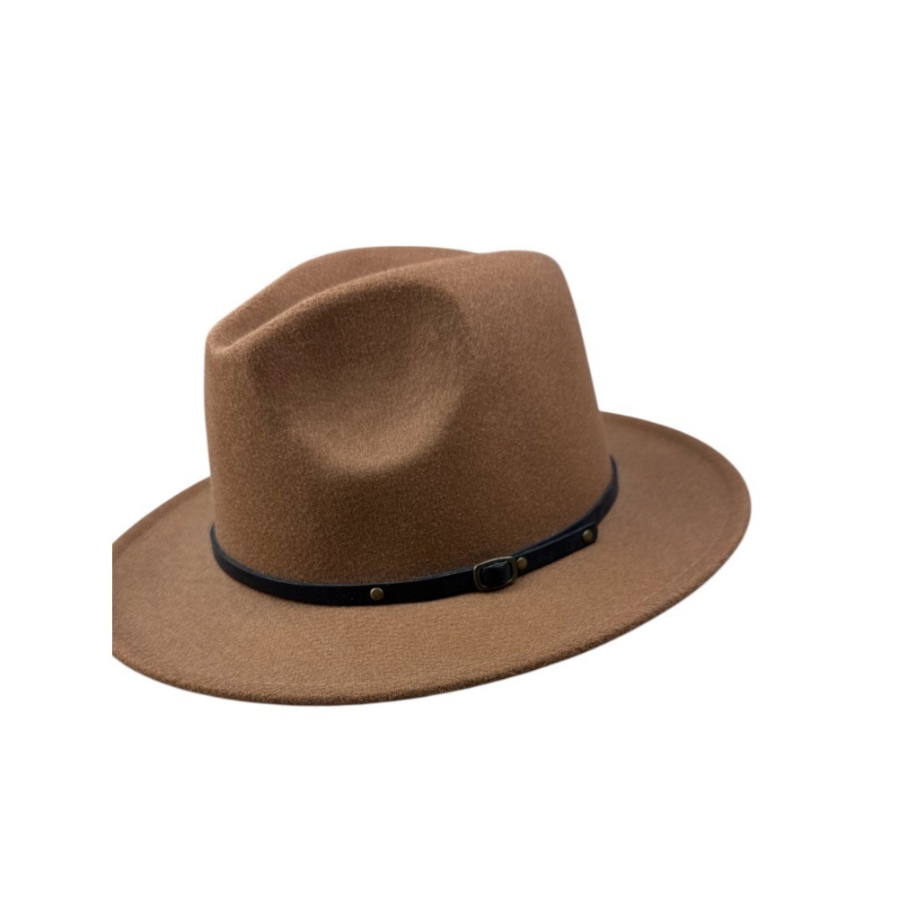 Brown Wool‎ Blend Fedora Hat Black Buckle Wide Brim 11.5" Adjustable Unisex